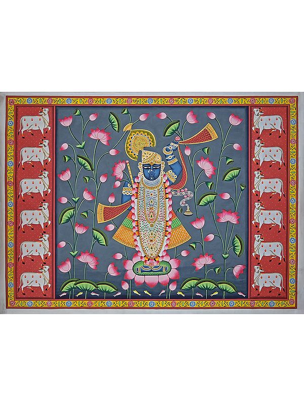 Shrinathji In Kamal Talai With Cows | Pichwai Painting | Stone Color On Cotton Cloth | By Narendra Kumar