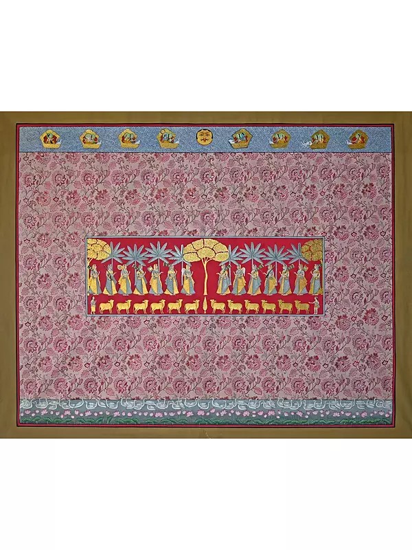 View Of Khejri Pujan With Floral Background | Pichwai Painting | Stone Color On Cotton Cloth | By Narendra Kumar