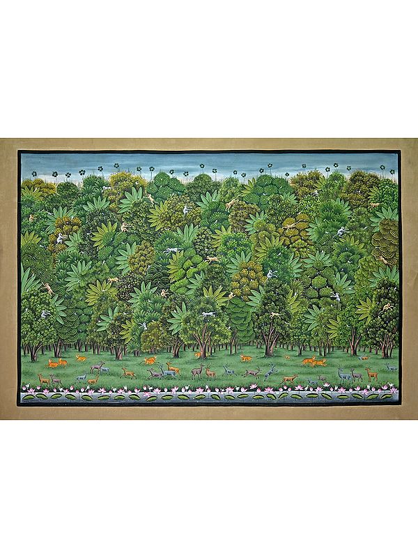 The View Of Jungle By The Kamal Talai | Pichwai Painting | Stone Color On Cotton Cloth | By Narendra Kumar