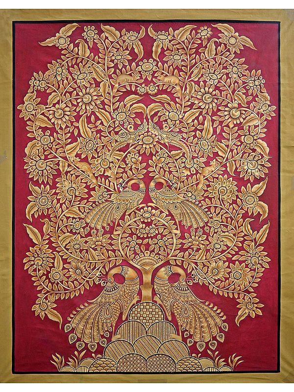 Tree Of Life With Peacock | Kalamkari Painting | Stone Color On Cotton Cloth | By Narendra Kumar