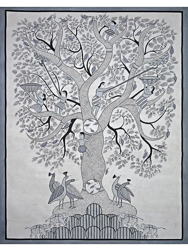 Tree Of Life In Gond Style | Stone Color On Cotton Cloth | By Narendra Kumar