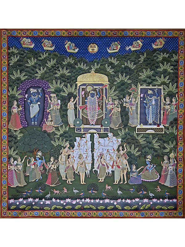 Shrinathiji In Sharad Purnima With Three Swaroop | Pichwai Painting | Stone Color On Cotton Cloth | By Narendra Kumar