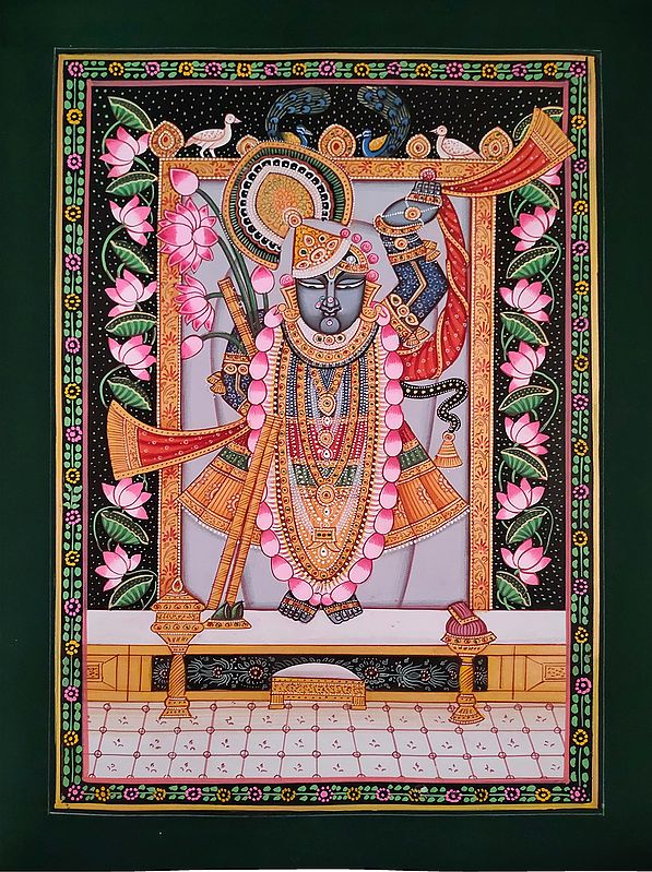 Lord Shrinathji With Lotus And Peacock | Pichwai Painting | Watercolor On Paper | By Babu Lal Sharma