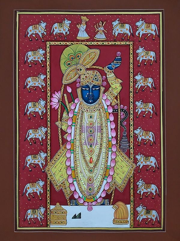 Shrinathji Surrounded By Cows | Pichwai Painting | Watercolor On Paper | By Babu Lal Sharma