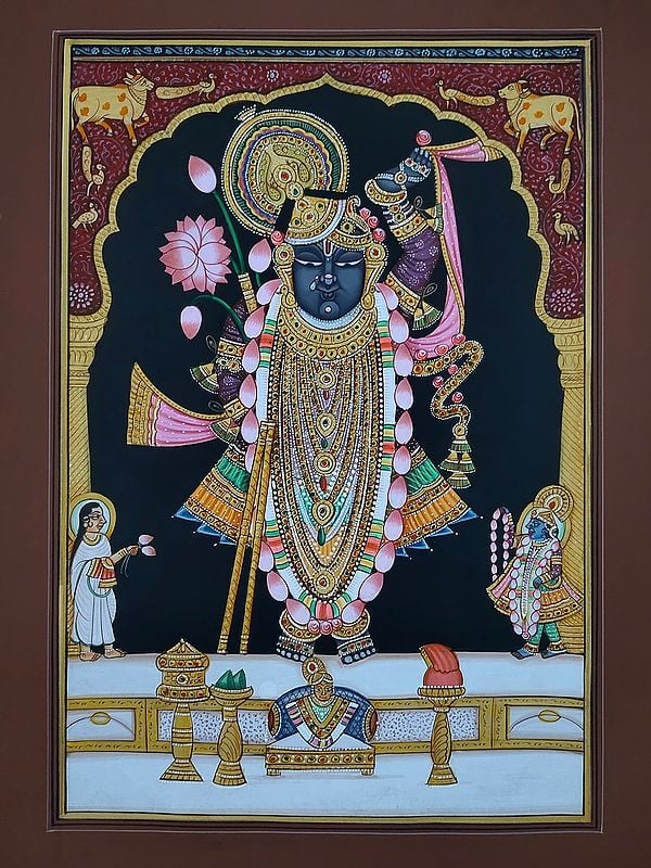 Lord Shrinathji With Mahaprabhuji And Yamuna | Pichwai Painting | Watercolor On Paper | By Babu Lal Sharma