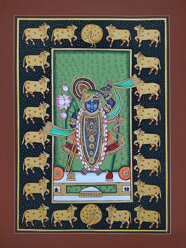 Shrinathji Beloved Of Cows | Pichwai Painting | Watercolor On Paper | By Babu Lal Sharma