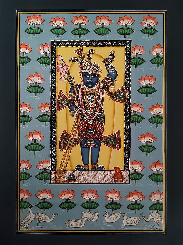 Shrinathji In Kamal Talai Pond | Pichwai Painting | Watercolor On Paper | By Babu Lal Sharma