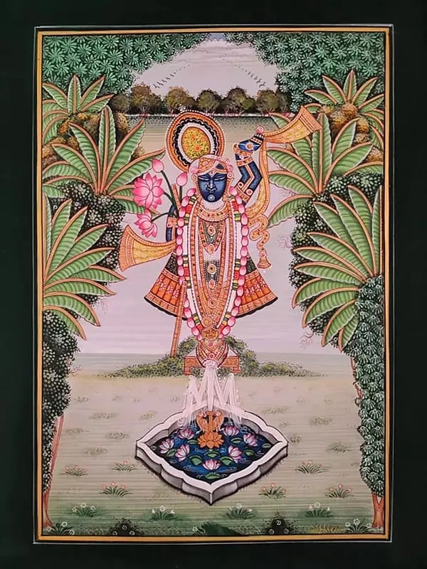 Lord Shrinathji By The Lake | Pichwai Painting | Watercolor On Paper | By Babu Lal Sharma