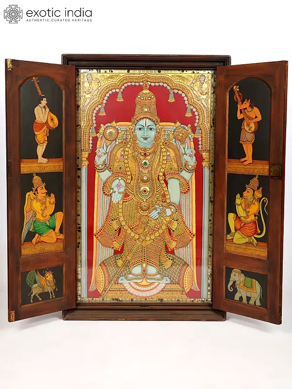 Standing Lord Vishnu | Traditional Tanjore Painting with Ornate Door Frame | 24 Karat Gold