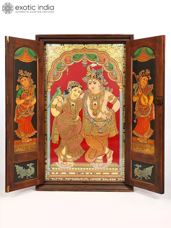 Divine Love of Radha Krishna – Traditional Tanjore Painting with Wooden Door Frame | 24 Karat Gold Work