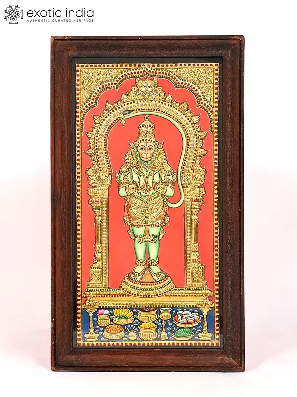 Standing Lord Hanuman in Namaskar Mudra | Framed Tanjore Painting with 24 Karat Gold Work
