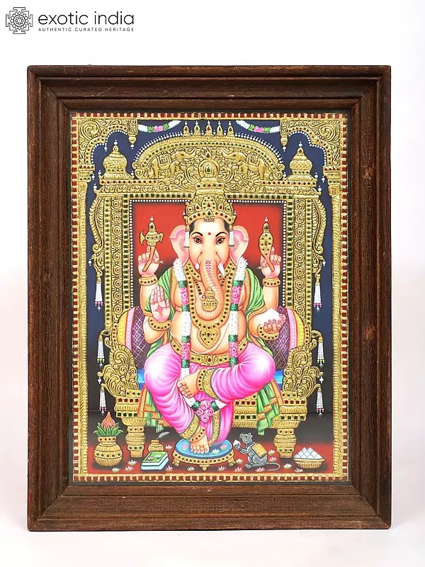 Blessing Lord Ganesha Seated on Throne | Framed Tanjore Painting with 24 Karat Gold Work