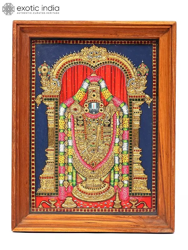 Lord Tirupati Balaji (Venkateshvara) with Kirtimukha Prabhavali | Framed Tanjore Painting with 24 Karat Gold Work