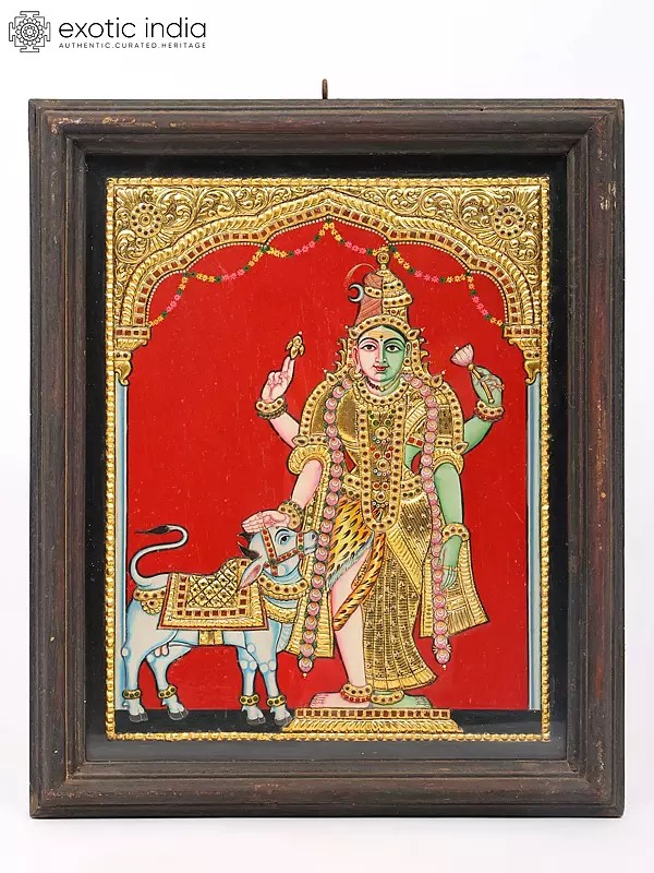 Ardhanarishvara with Nandi - Divine Union of Shiva and Shakti | Framed Tanjore Painting with 24 Karat Gold Work