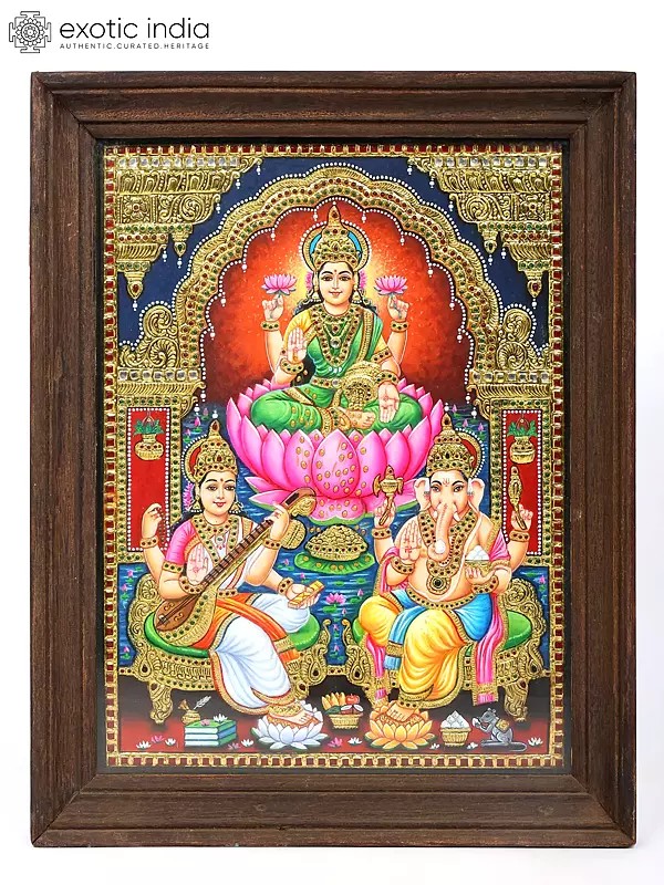 Divine Trio : Lakshmi, Ganesha and Saraswati | Framed Tanjore Painting with 24 Karat Gold Work