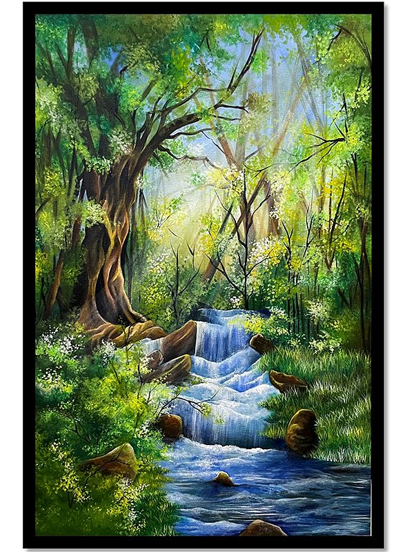 Beautiful Painting of a Waterfall in the Forest | With Frame | Acrylic on Canvas | by Gurpreet Kaur