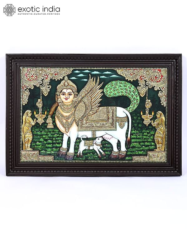 Goddess Kamadhenu with Calf | 24 Karat Gold Work | Framed Tanjore Painting