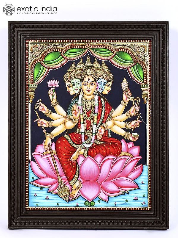 Five Headed Goddess Gayatri | 24 Karat Gold Work | Framed Tanjore Painting