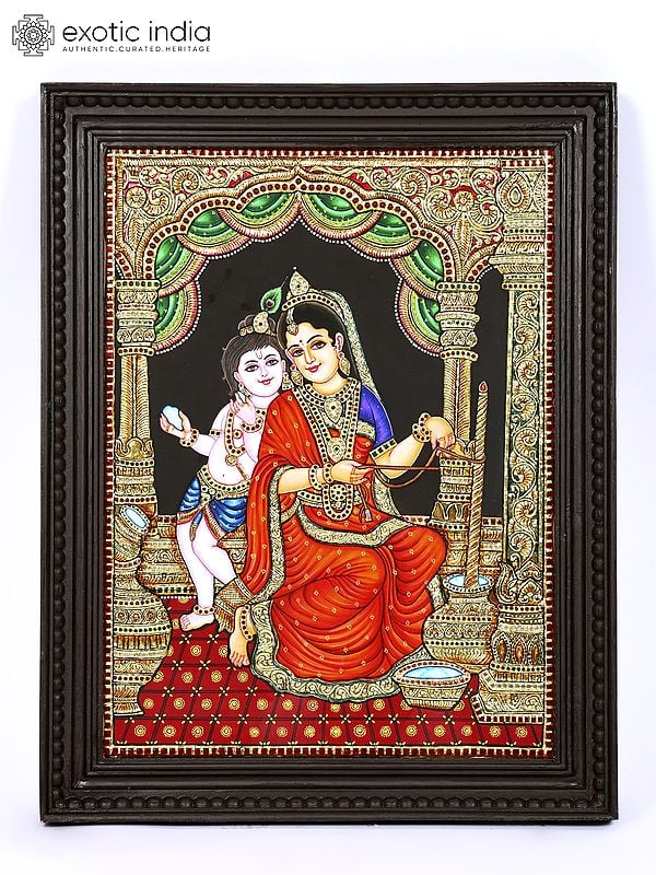 Bal Gopal with Yashoda Maiya | 24 Karat Gold Work | Framed Tanjore Painting