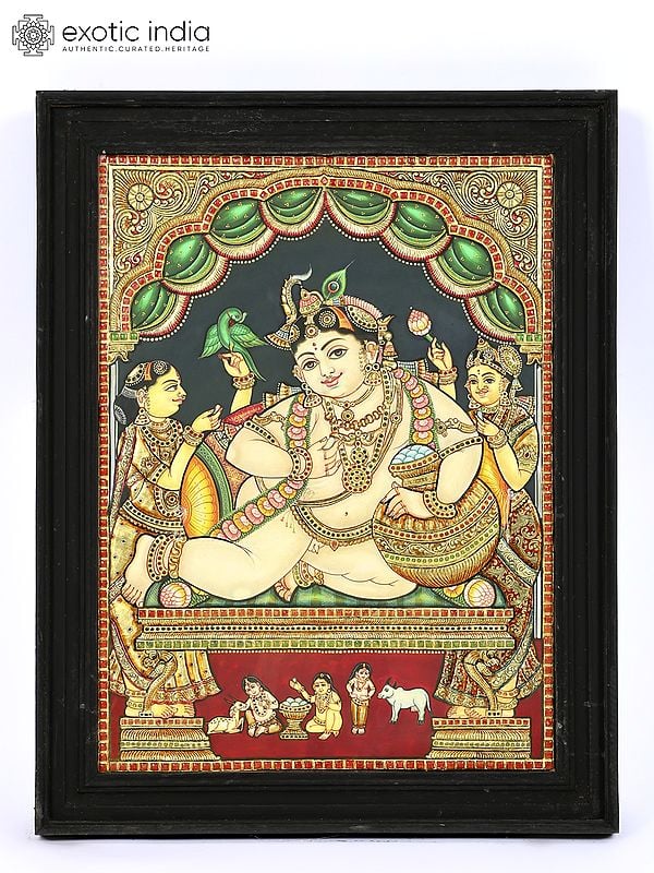 Makhan Chor Krishna | 24 Karat Gold Work | Framed Tanjore Painting