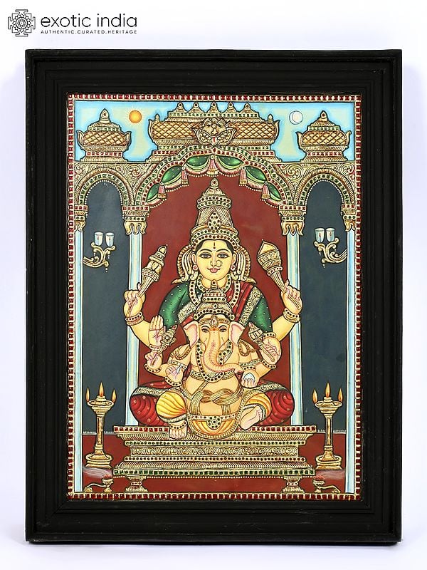 Lord Ganesha with Devi Lakshmi | 24 Karat Gold Work | Framed Tanjore Painting