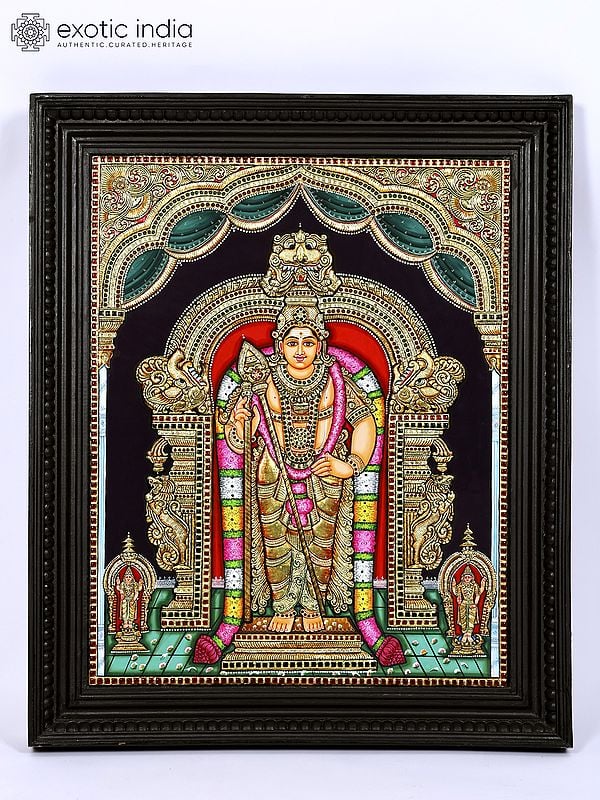 Lord Karttikeya Standing on Kirtimukha Throne | 24 Karat Gold Work | Framed Tanjore Painting