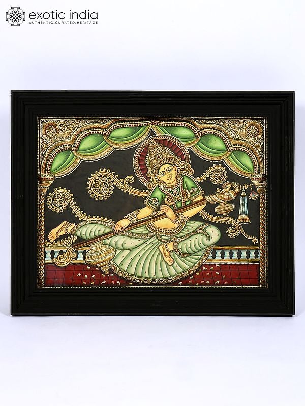 Indonesian Saraswati | 24 Karat Gold Work | Framed Tanjore Painting