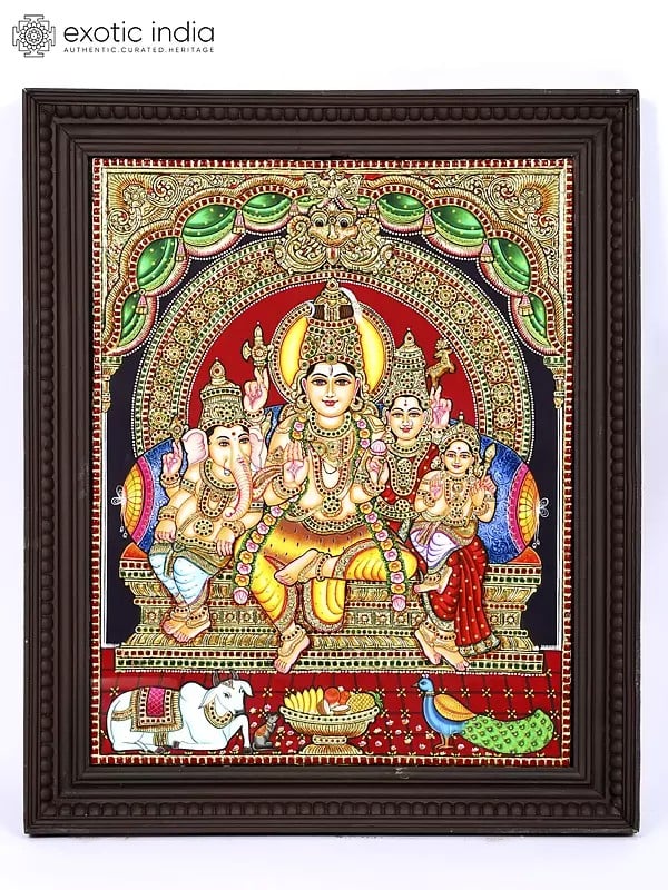 Lord Shiva Family | 24 Karat Gold Work | Framed Tanjore Painting