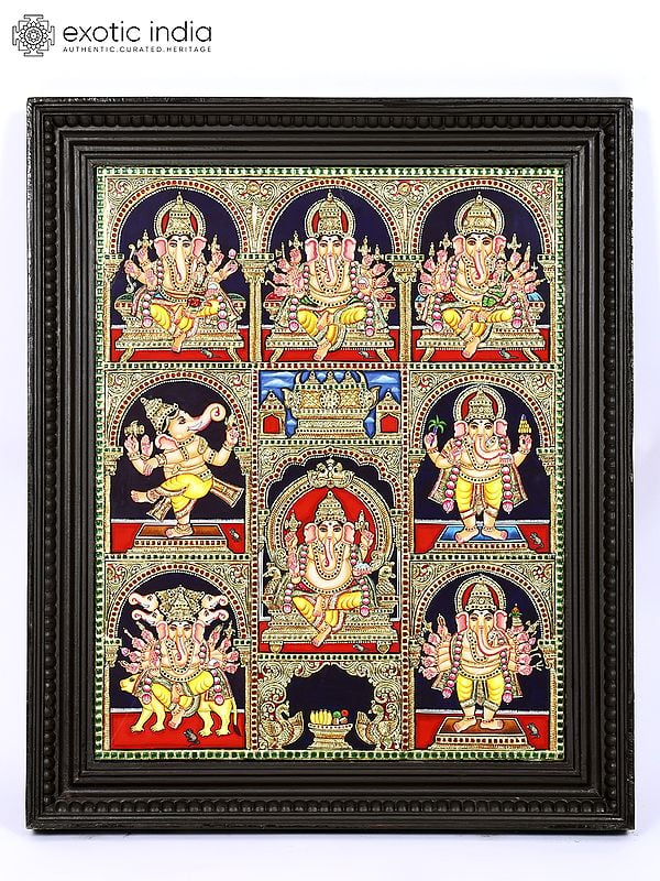 Ashta Ganapati | 24 Karat Gold Work | Framed Tanjore Painting