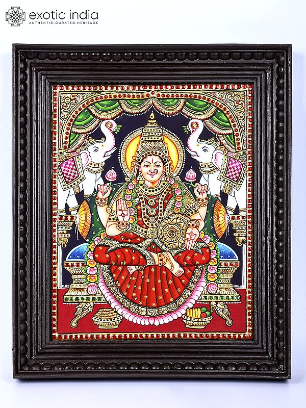 Sitting Goddess Gajalakshmi | 24 Karat Gold Work | Framed Tanjore Painting