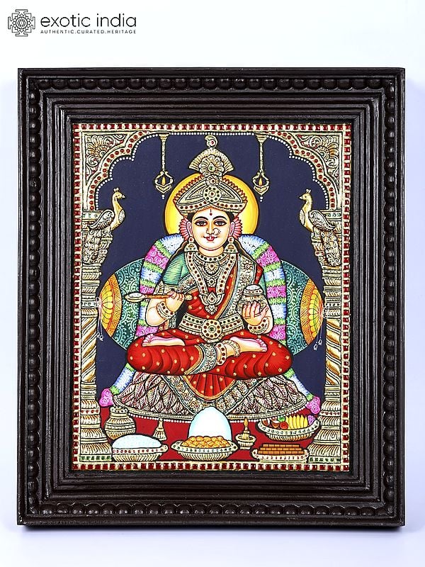 Goddess Annapurna - Goddess of Food and Nourishment | 24 Karat Gold Work | Framed Tanjore Painting