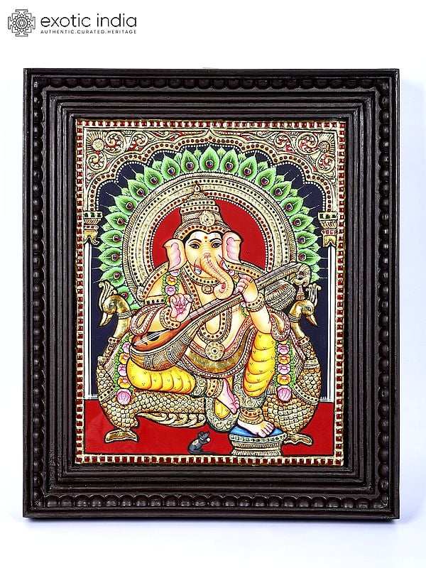 Lord Ganesha Seated on Peacock Throne | 24 Karat Gold Work | Framed Tanjore Painting