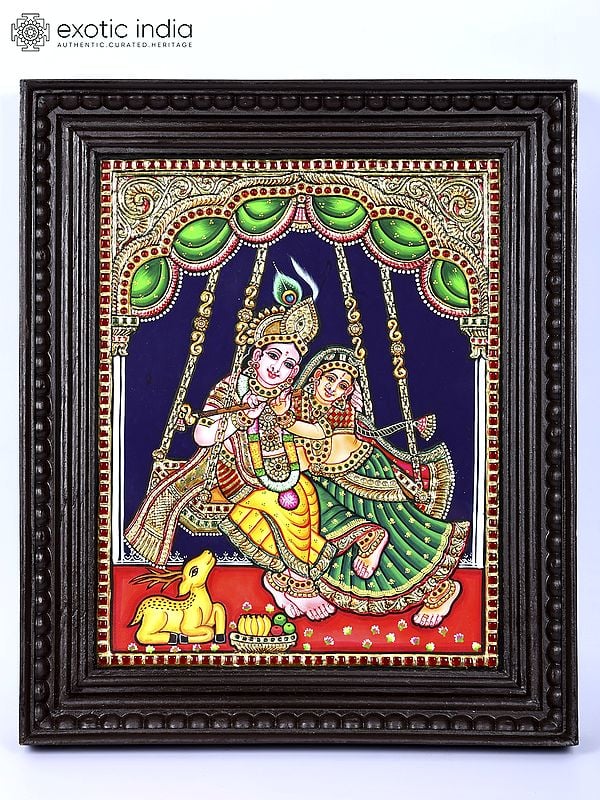 Radha Krishna on Swing | 24 Karat Gold Work | Framed Tanjore Painting