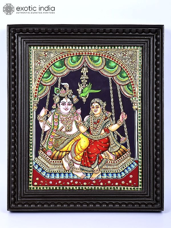 Radha Krishna on Swing | 24 Karat Gold Work | Framed Tanjore Painting