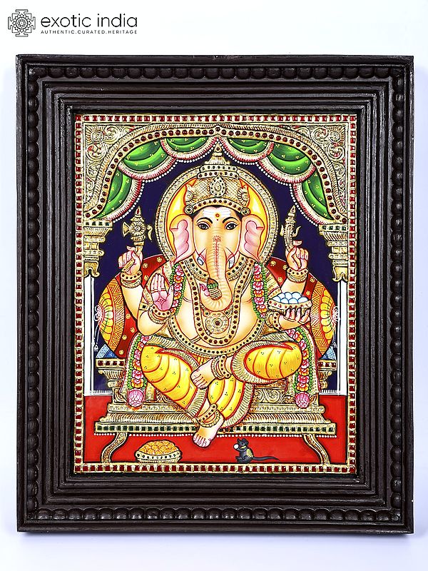 Blessing Lord Ganesha Seated on Throne | 24 Karat Gold Work | Framed Tanjore Painting