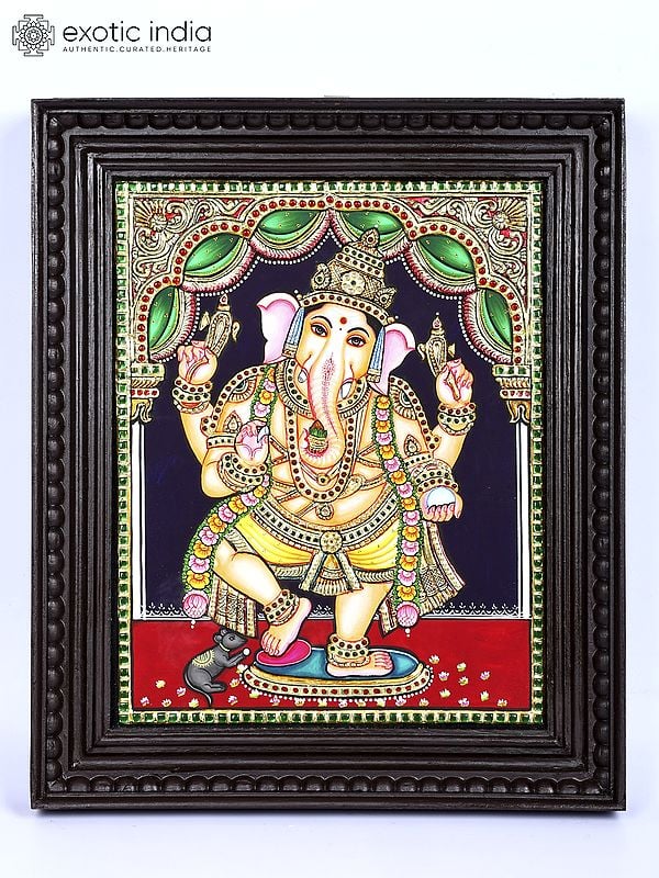 Dancing Lord Ganesha | 24 Karat Gold Work | Framed Tanjore Painting