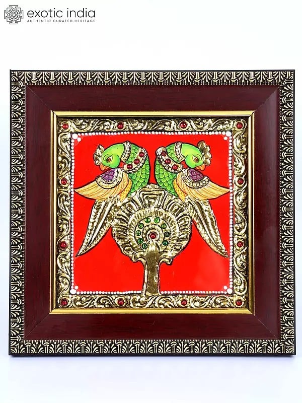 Pair of Parrots | 24 Karat Gold Work | Framed Tanjore Painting