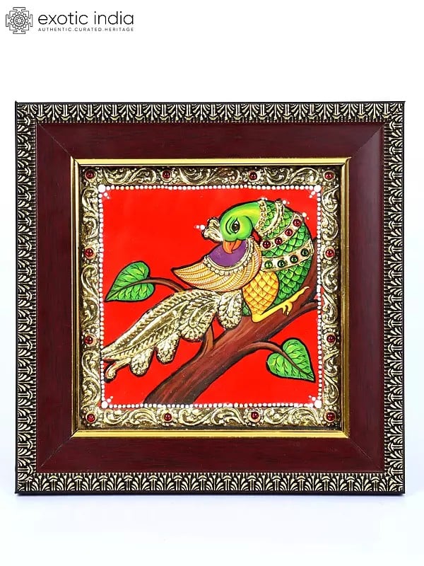 Beautiful Parrot | 24 Karat Gold Work | Framed Tanjore Painting