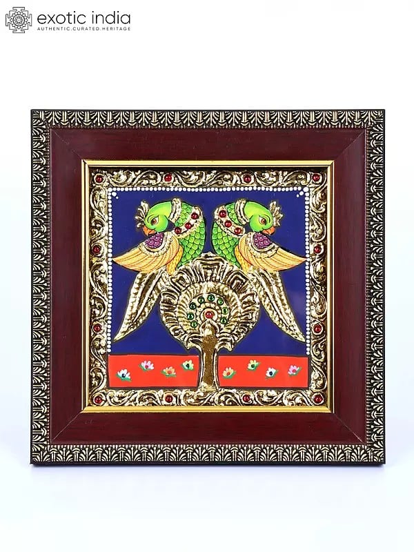 Pair of Parrots | 24 Karat Gold Work | Framed Tanjore Painting