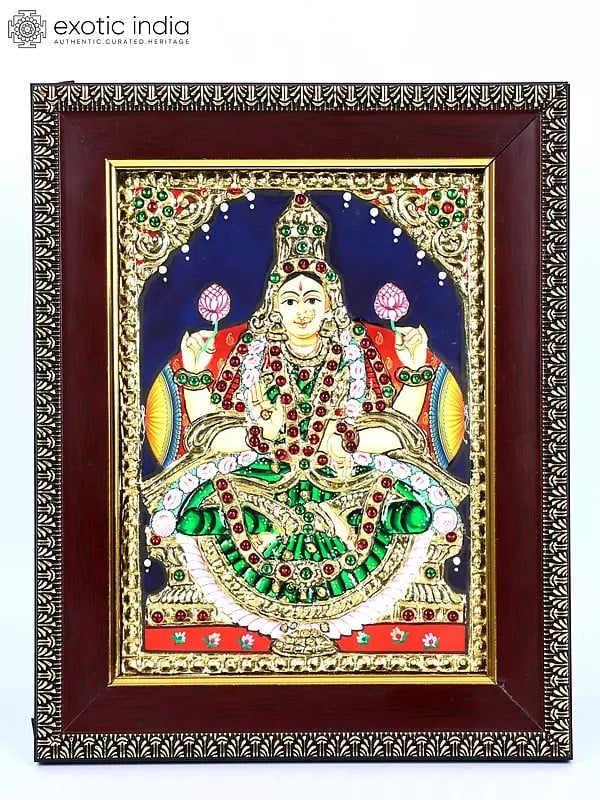 Blessing Goddess Lakshmi | 24 Karat Gold Work | Framed Tanjore Painting