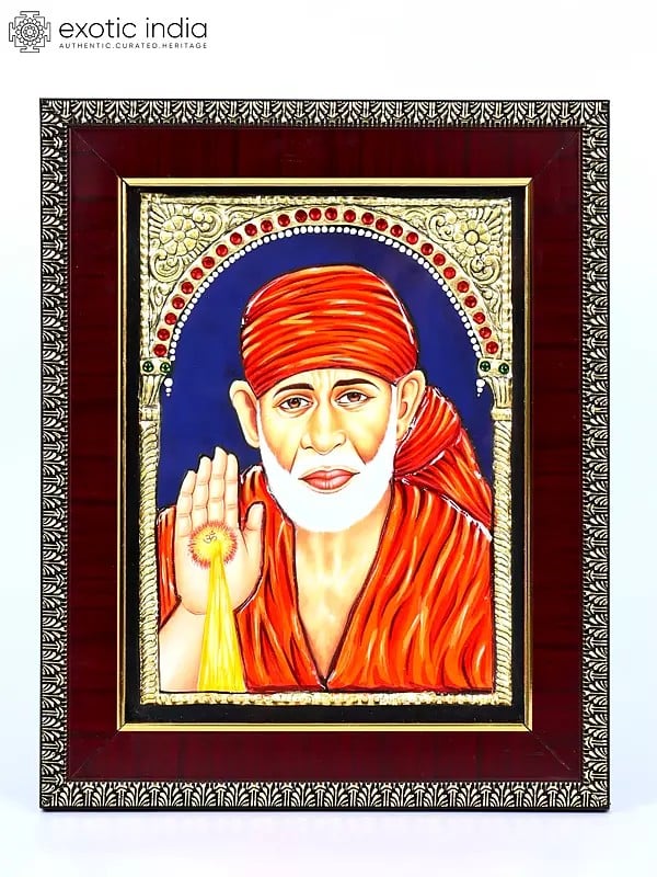 Blessing Sai Baba | 24 Karat Gold Work | Framed Tanjore Painting