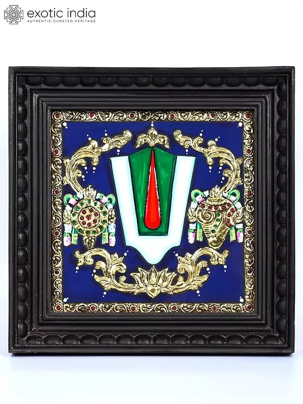 Vaishnava Symbols - Chakra, Tilak and Shankh | 24 Karat Gold Work | Framed Tanjore Painting