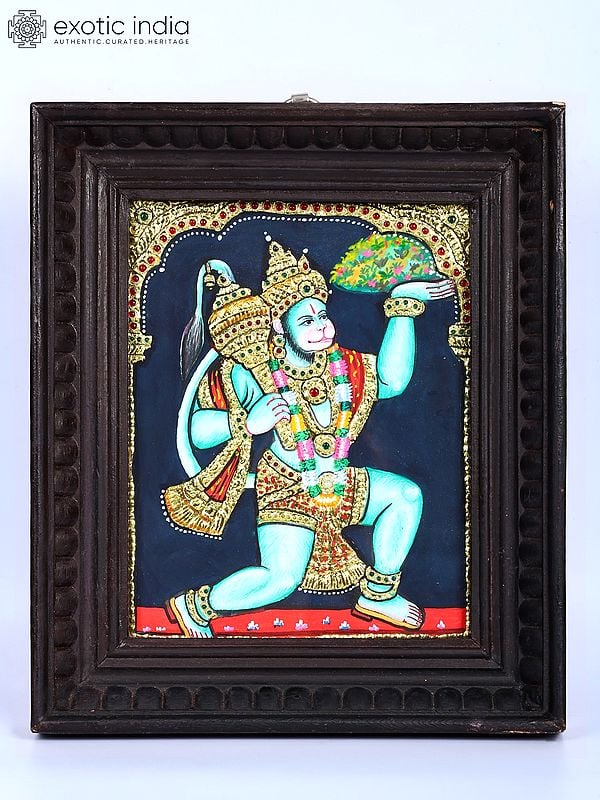 Hanuman Ji with Light Green Body | 24 Karat Gold Work | Framed Tanjore Painting