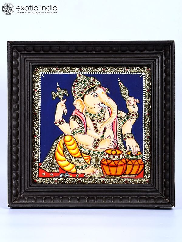 Lord Ganesha Playing Tabla | 24 Karat Gold Work | Framed Tanjore Painting