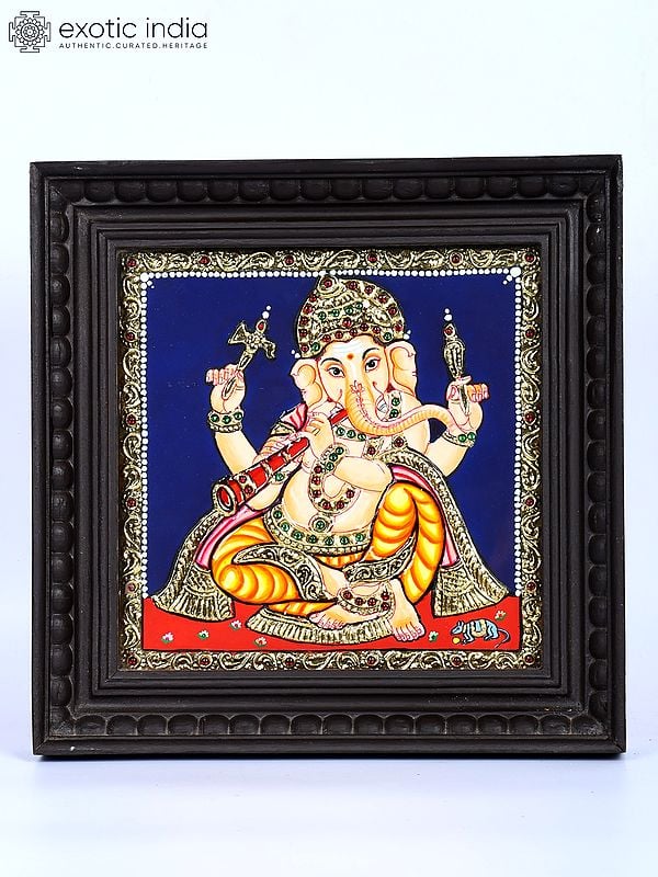 Lord Ganesha Playing Mangal Vadya Shehnai | 24 Karat Gold Work | Framed Tanjore Painting