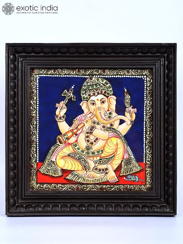 Lord Ganesha Playing Shehnai | 24 Karat Gold Work | Framed Tanjore Painting