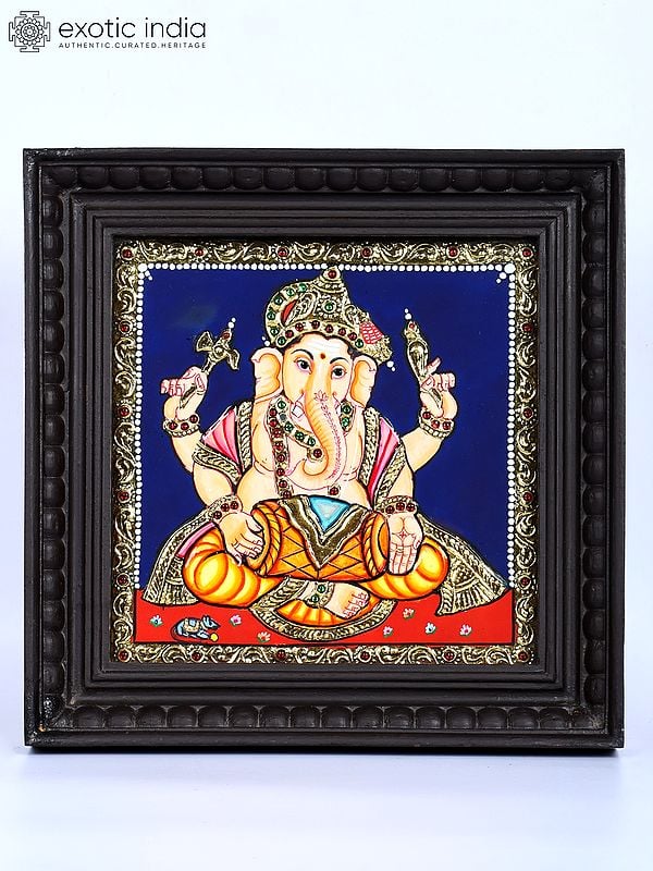 Lord Ganesha Playing Dholak | 24 Karat Gold Work | Framed Tanjore Painting