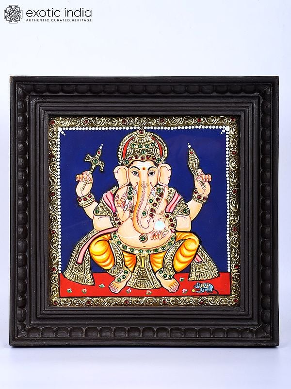 Chaturbhuja Lord Ganesha | 24 Karat Gold Work | Framed Tanjore Painting