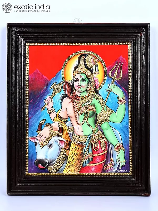 Ardhanarishvara (Shiva-Shakti) with Nandi | 24 Karat Gold Work | Framed Tanjore Painting