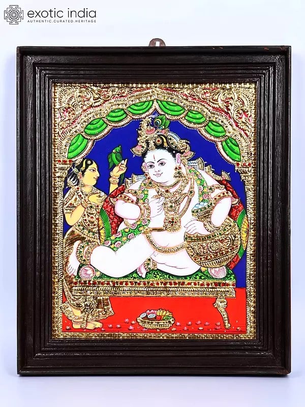 Butter Krishna | 24 Karat Gold Work | Framed Tanjore Painting